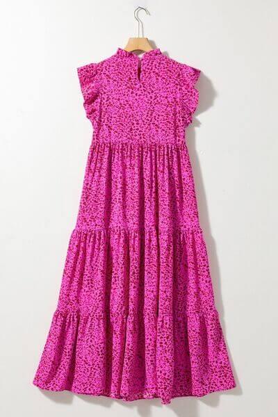 Tiered Ruffled Leopard Cap Sleeve Maxi Dress