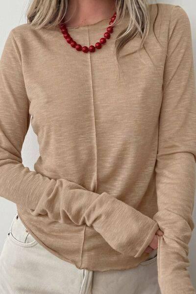 Lettuce Hem Round Neck Long Sleeve T-Shirt