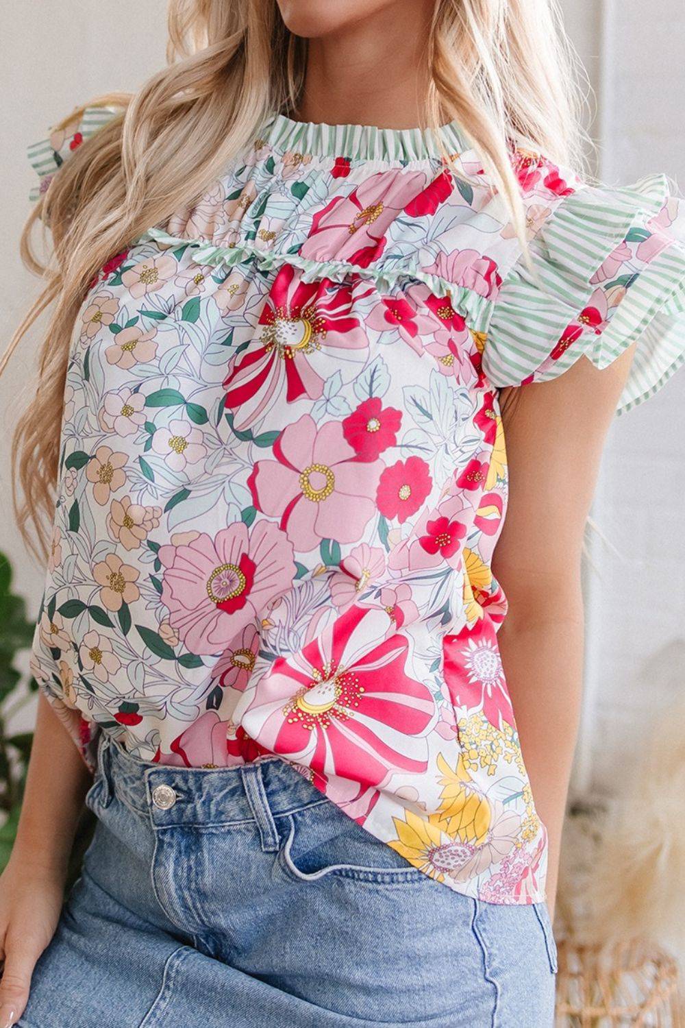 Frill Floral Print Ruffle Cap Sleeve Blouse