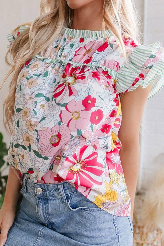 Frill Floral Print Ruffle Cap Sleeve Blouse - Clothes For Her Online Store