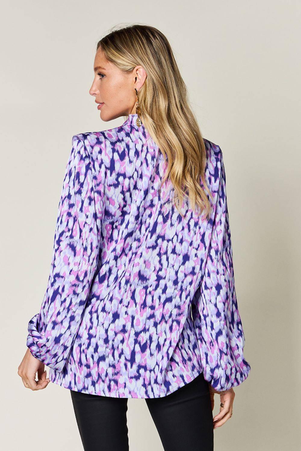 Double Take Full Size Printed Ruffle Trim Balloon Sleeve Shirt