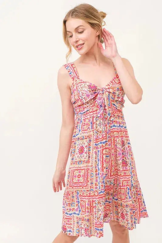 And The Why Tied Front Smocked Back Tiered Boho Printed Dress - Clothes For Her Online Store