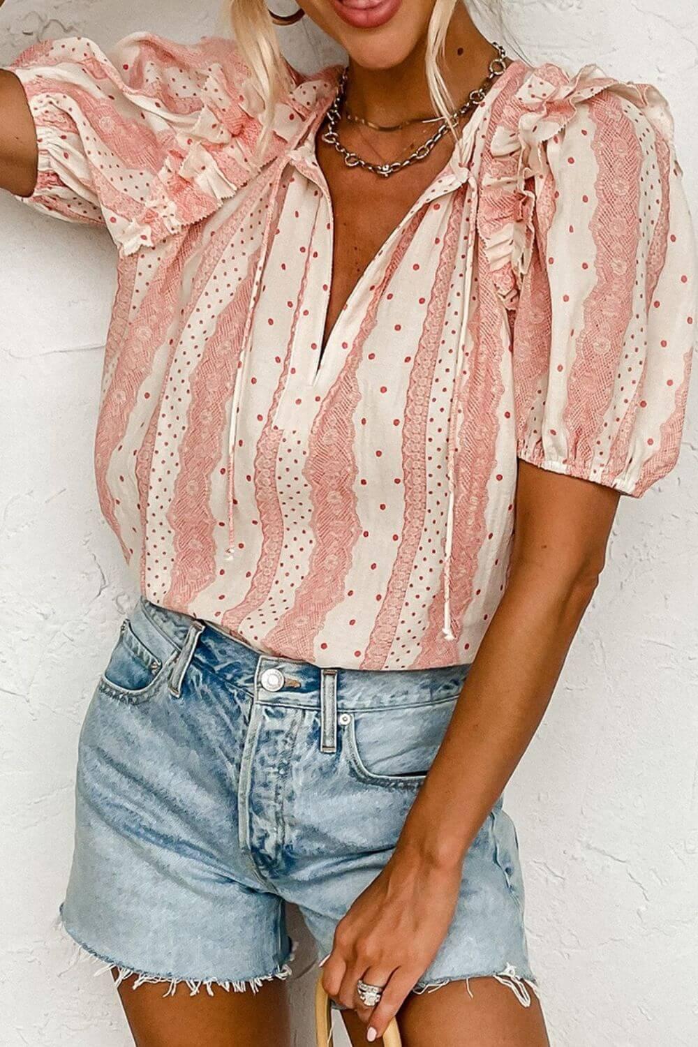 Frilled Short Puff Sleeve Mixed Print Blouse