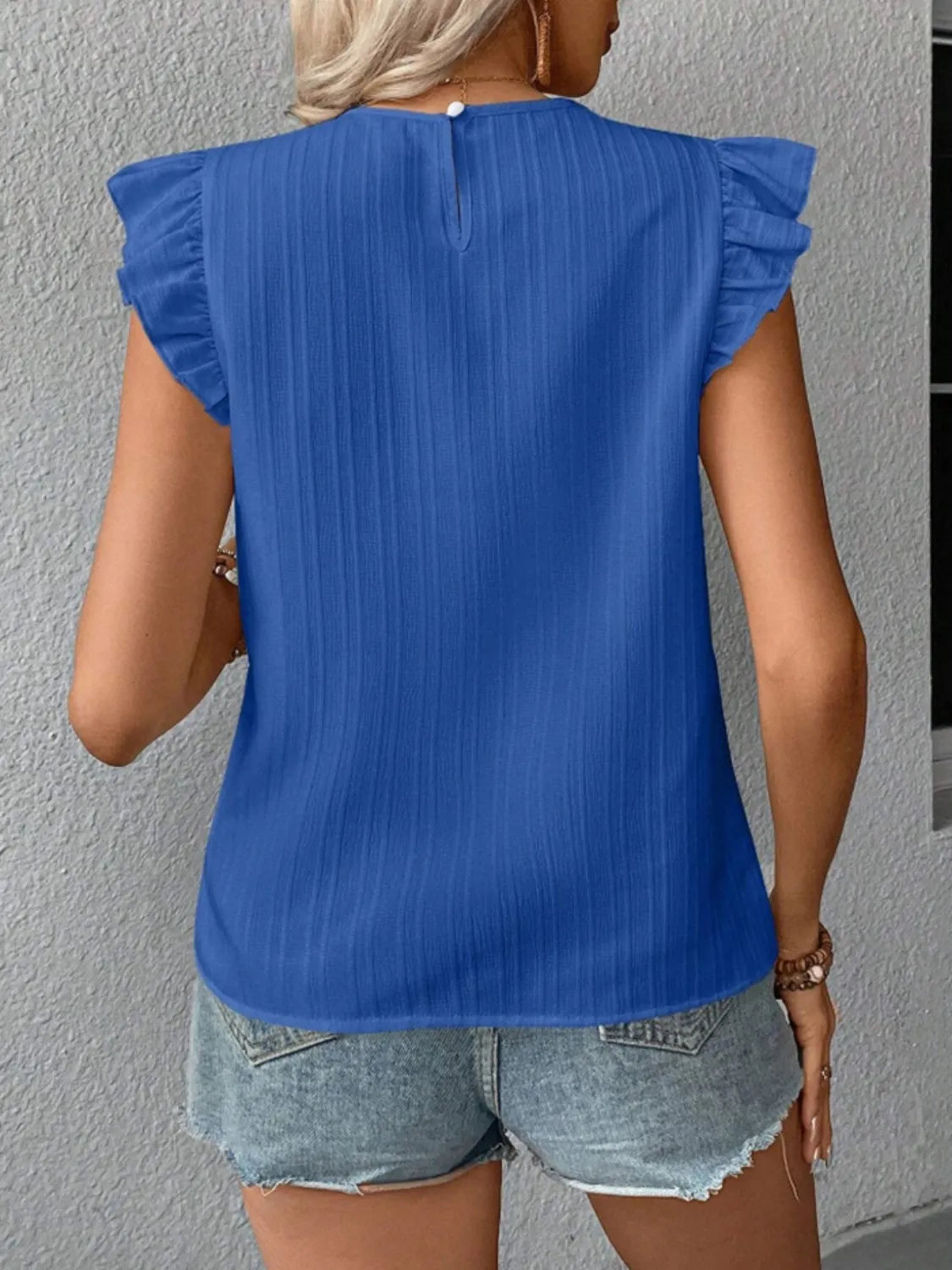 Ruffled Round Neck Cap Sleeve Blouse