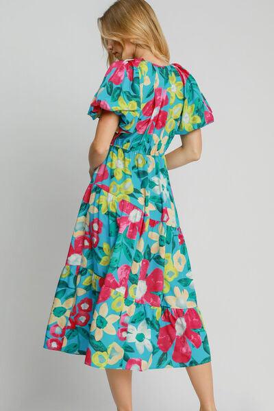 Umgee Full Size Tiered Floral Print Notched Puff Sleeve Midi Dress Plus Size - Clothes For Her Online Store