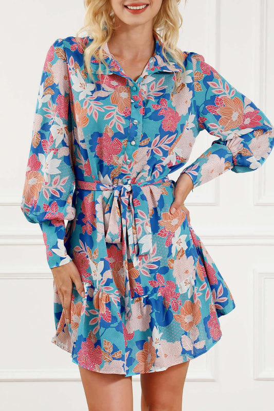 Floral Tie Waist Lantern Sleeve Ruffled Hem Mini Dress - Clothes For Her Online Store