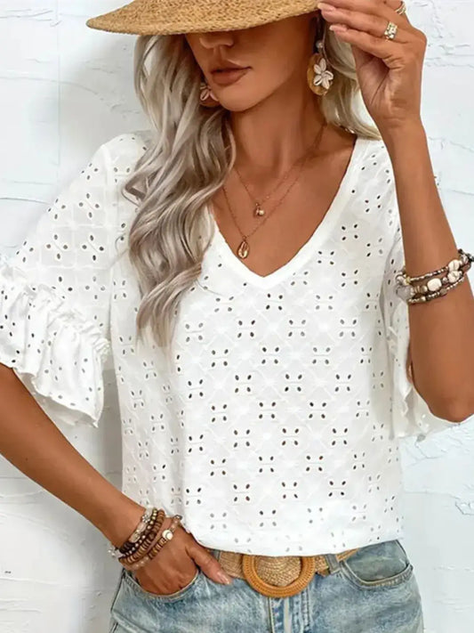 Eyelet V-Neck Half Sleeve Blouse