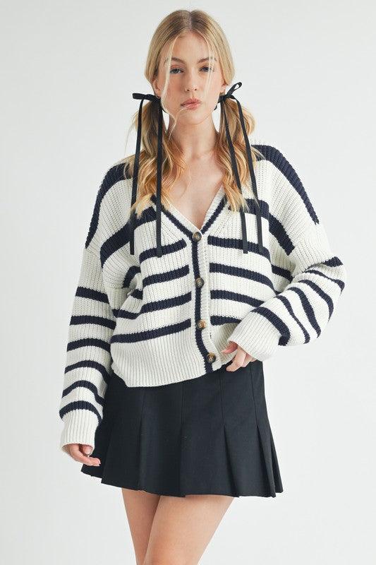 Aemi + Co Striped V-Neck Button Down Cardigan