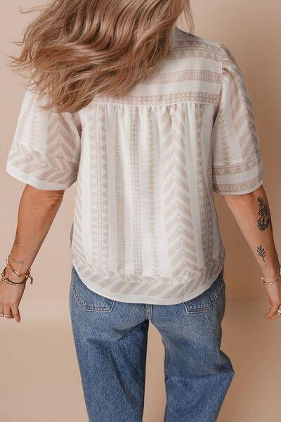 Geometric Jacquard Notched Half Sleeve Blouse - Clothes For Her Online Store