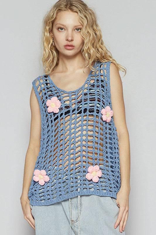 POL Flower Crochet Scoop Neck Sleeveless Knit Cover Up