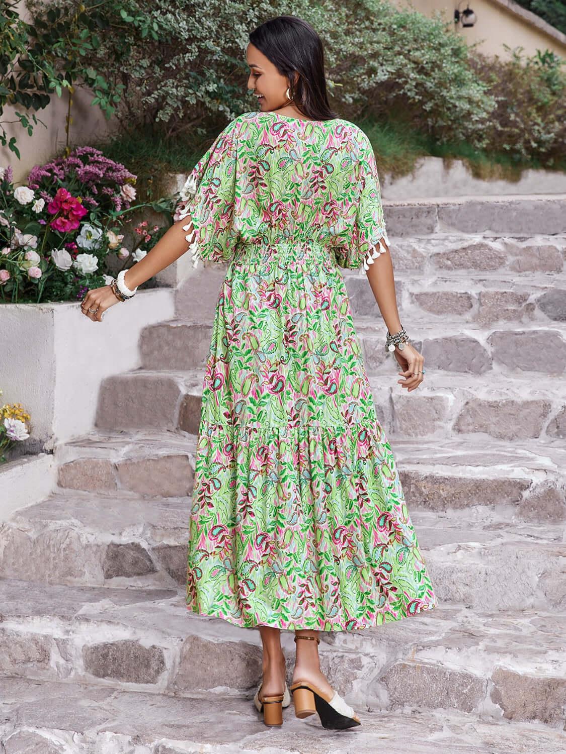 Smocked Floral V-Neck Short Sleeve Dress - Clothes For Her Online Store