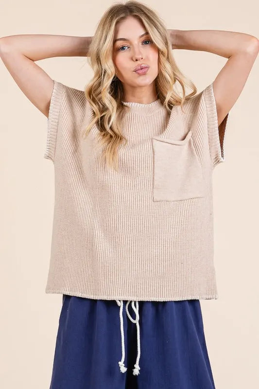 Lime 'N' Chili Solid Cap Sleeve Stitch Edge Knit Sweater