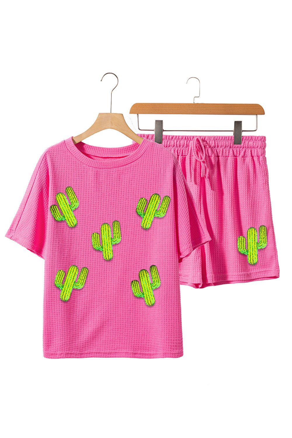 Waffle-Knit Round Neck Top and Shorts Set - Clothes For Her Online Store