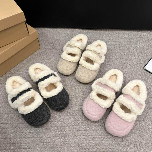 Round toe Flats Furry Slippers - Clothes For Her Online Store