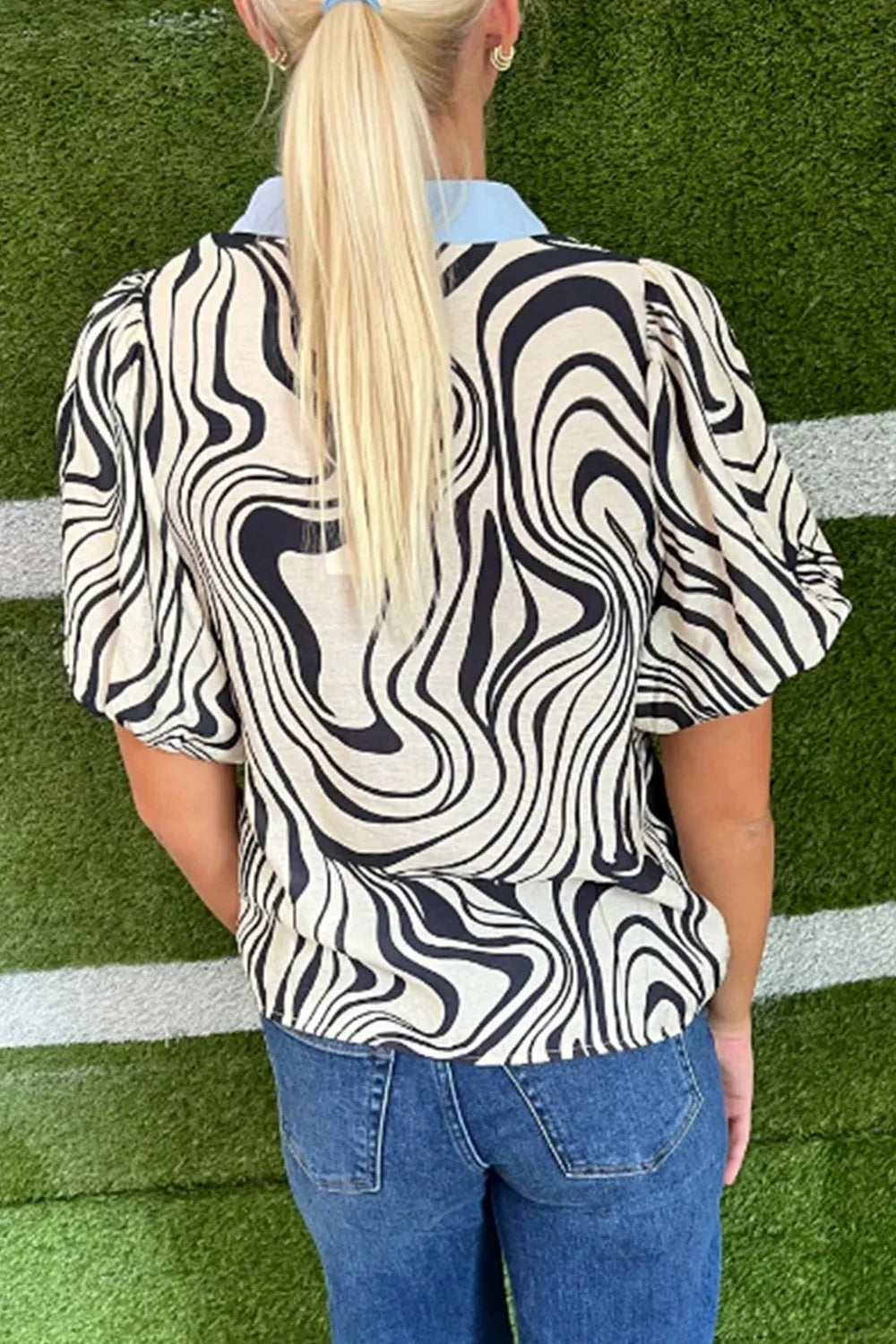 Zebra Stripe Print Contrast V-Neck Ricrac Detail Short Sleeve Blouse Top