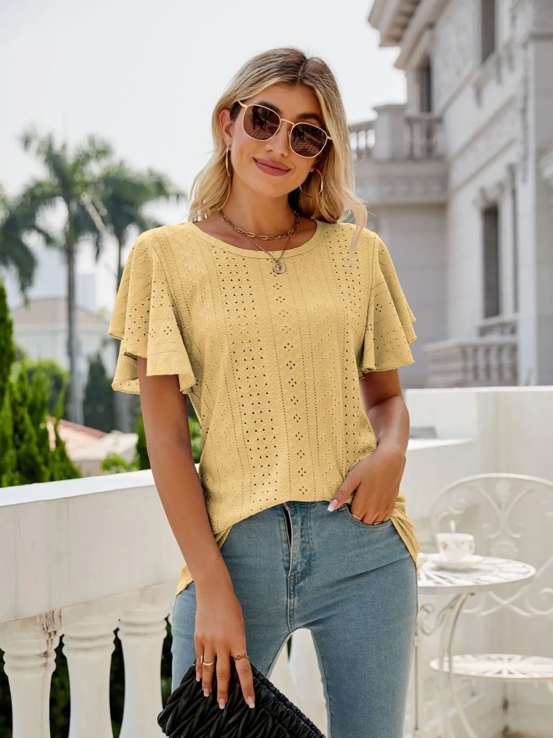 Eyelet Round Neck Flutter Sleeve T-Shirt