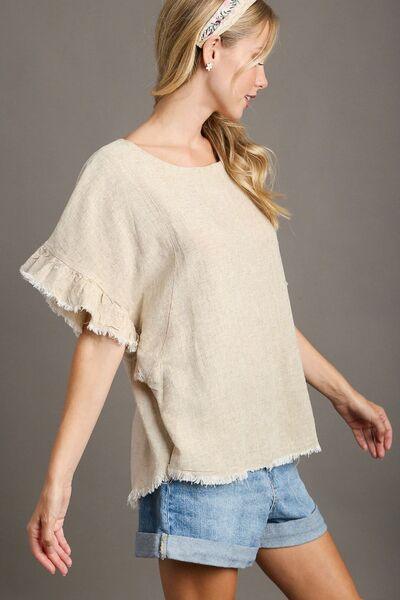 Umgee Full Size Raw Hem Ruffle Short Sleeve Blouse Plus Size