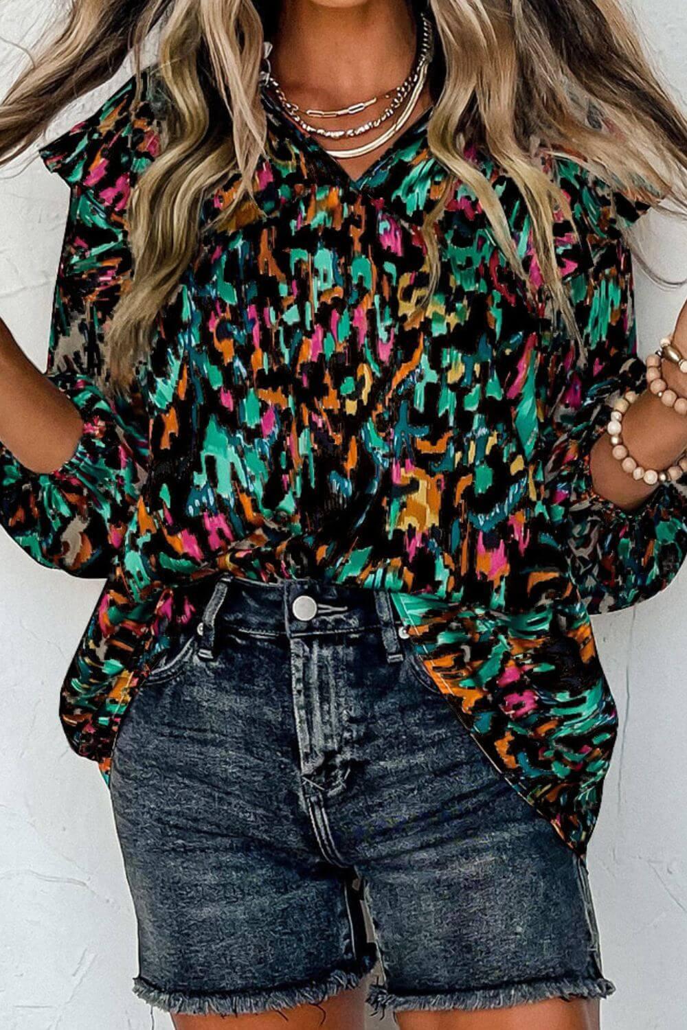 Abstract Print 3/4 Sleeve Ruffle Blouse