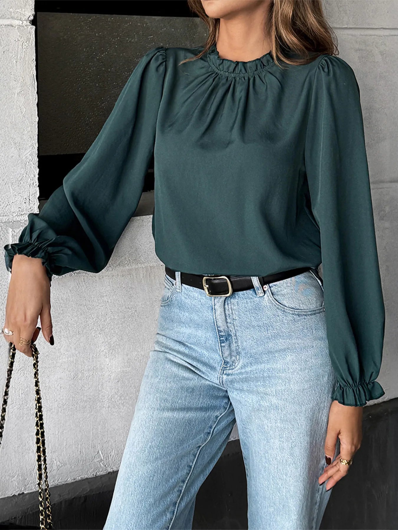 Ruched Round Neck Long Sleeve Blouse