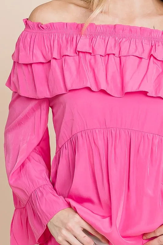 Lime 'N' Chili Ruffled Trumpet Sleeve Off-The-Shoulder Top