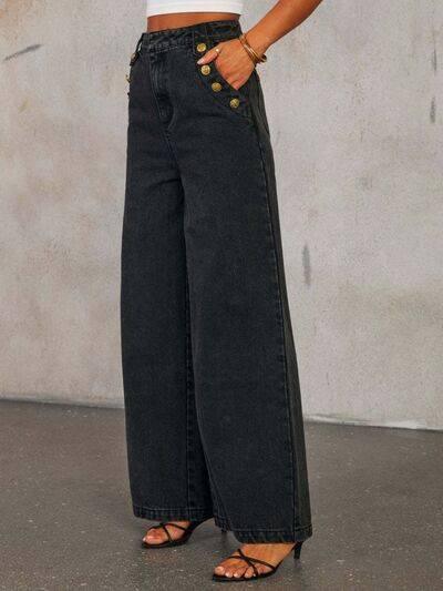 Button Decor High Rise Wide Leg Jeans