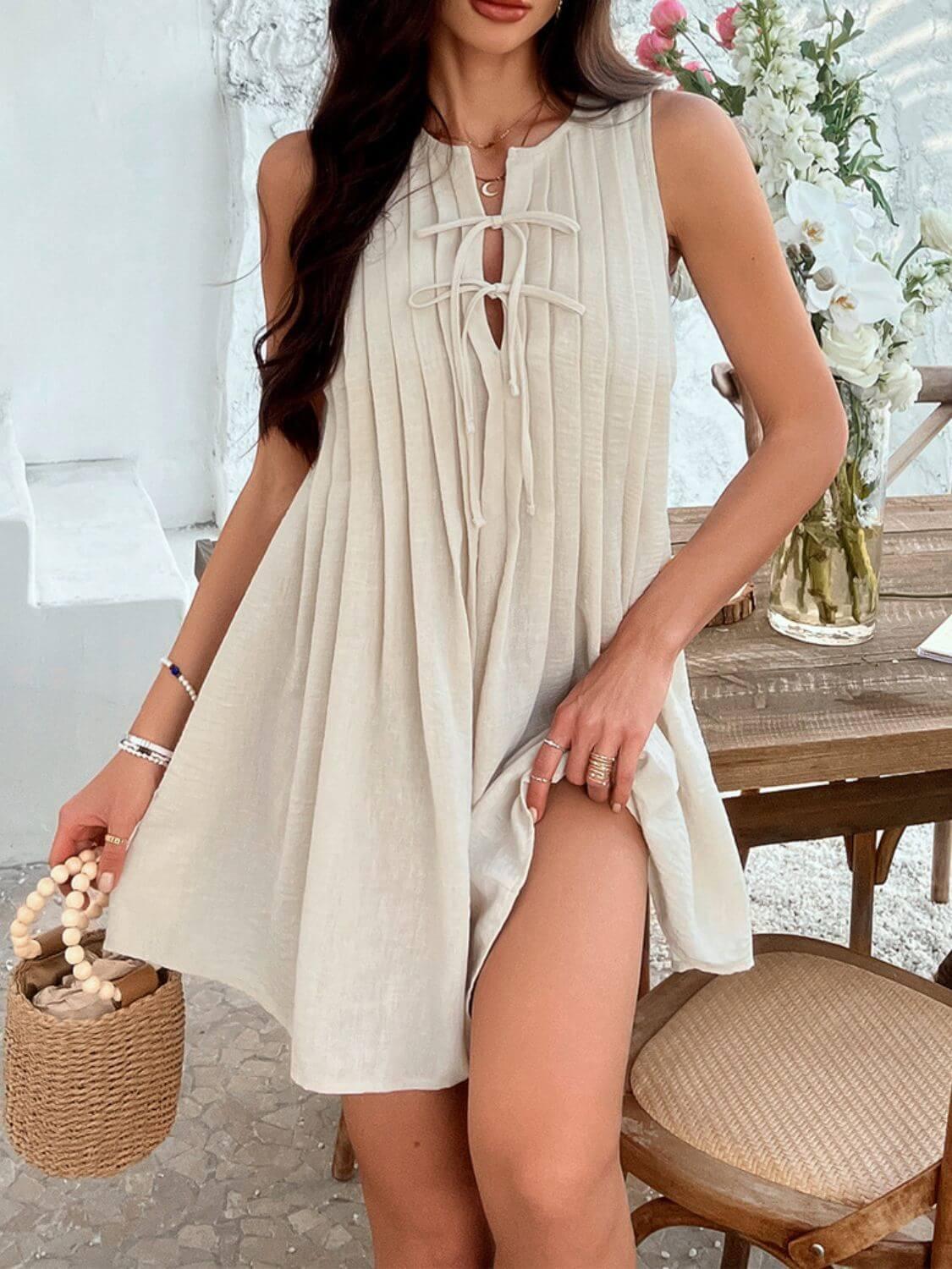 Devine Pleated Sleeveless Mini Dress