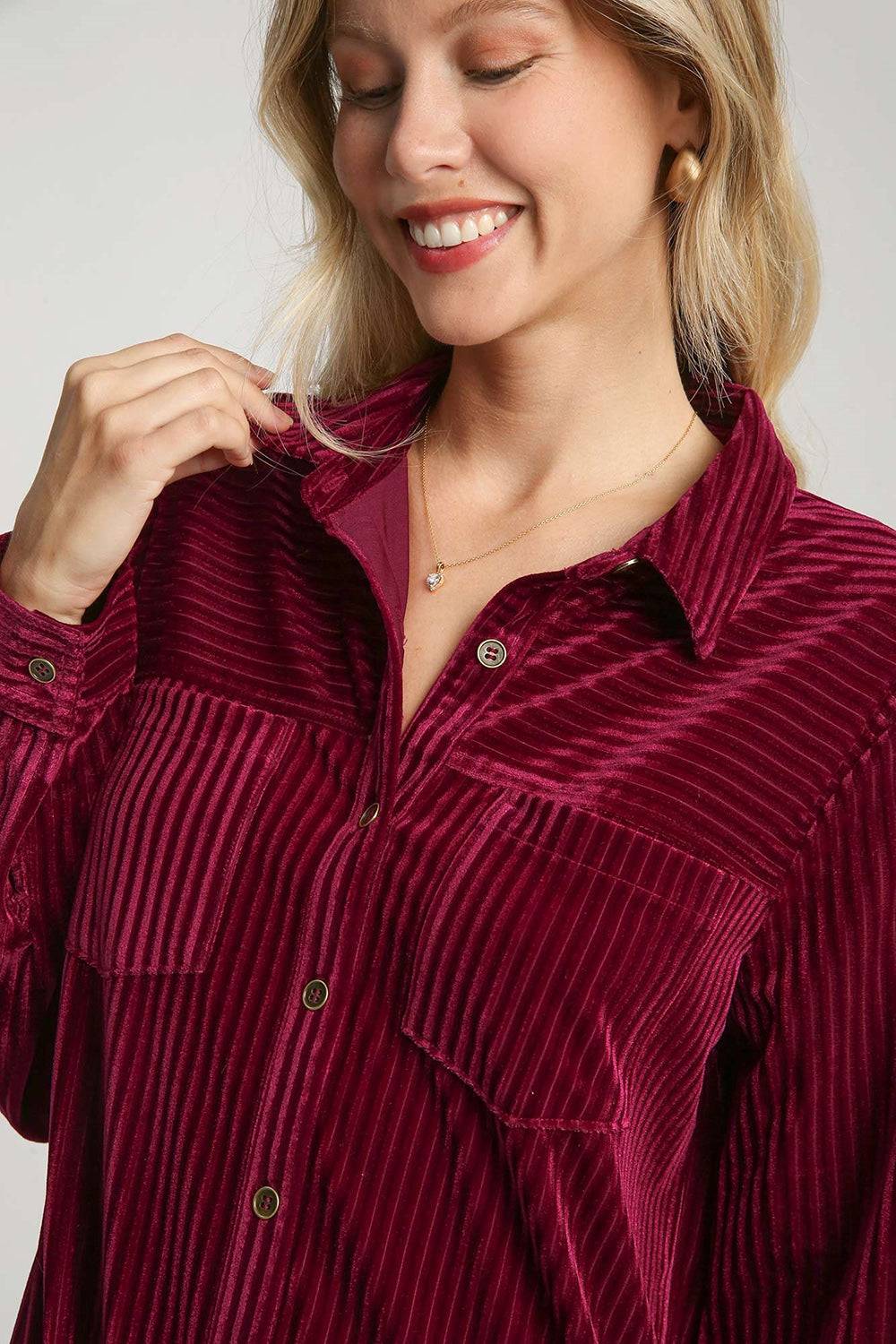 Umgee Texture Curved Hem Button Down Shirt Dress - Clothes For Her Online Store