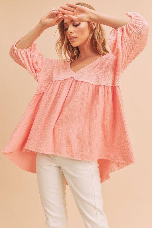 Aemi + Co High-Low Frayed Hem V-Neck Blouse - Clothes For Her Online Store