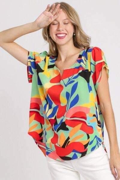 Umgee Full Size Short Sleeved Abstract Print Top Plus Size