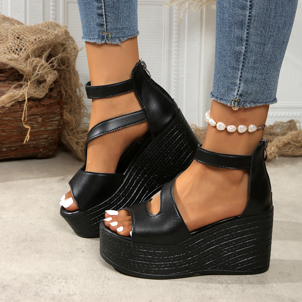 Open Toe Cutout Wedge Sandals