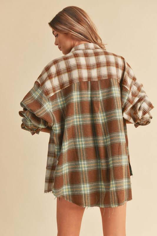 Aemi + Co Frayed Hem Plaid Button Up Flannel Shirt