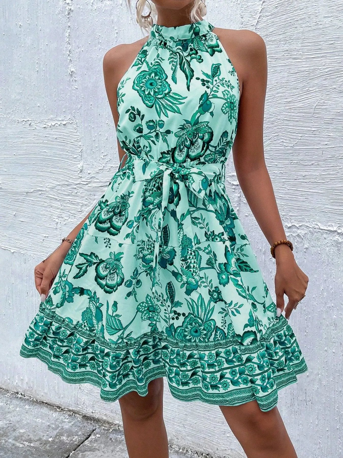 Floral Halter Neck Summer Dress with Belt