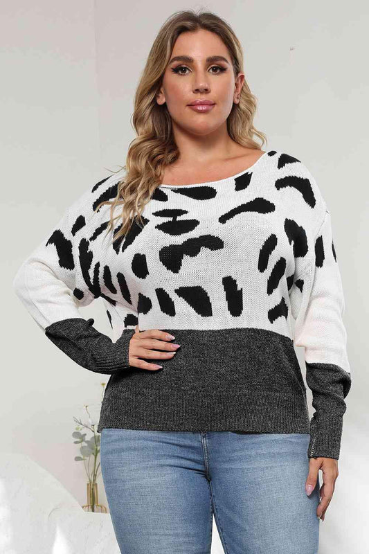 Plus Size Leopard Round Neck Long Sleeve Sweater - Clothes For Her Online Store
