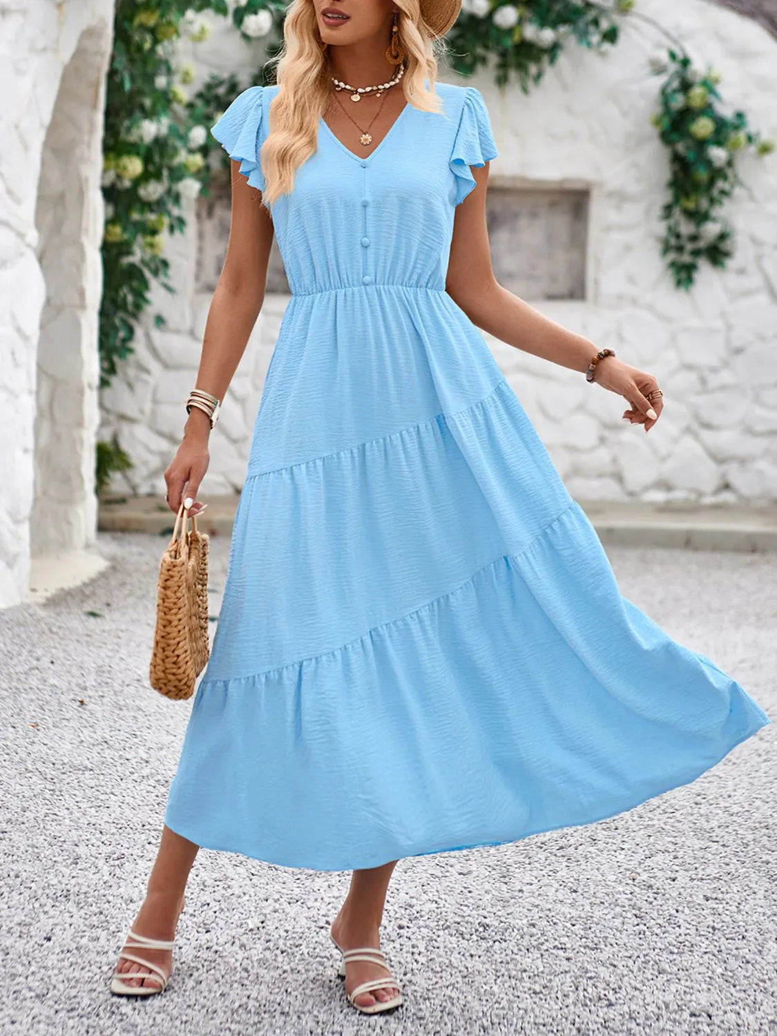 V-Neck Ruffle Sleeve Dress