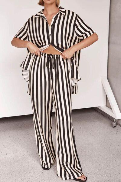 Striped Collared Neck Half Sleeve Top and Pants Set - Clothes For Her Online Store