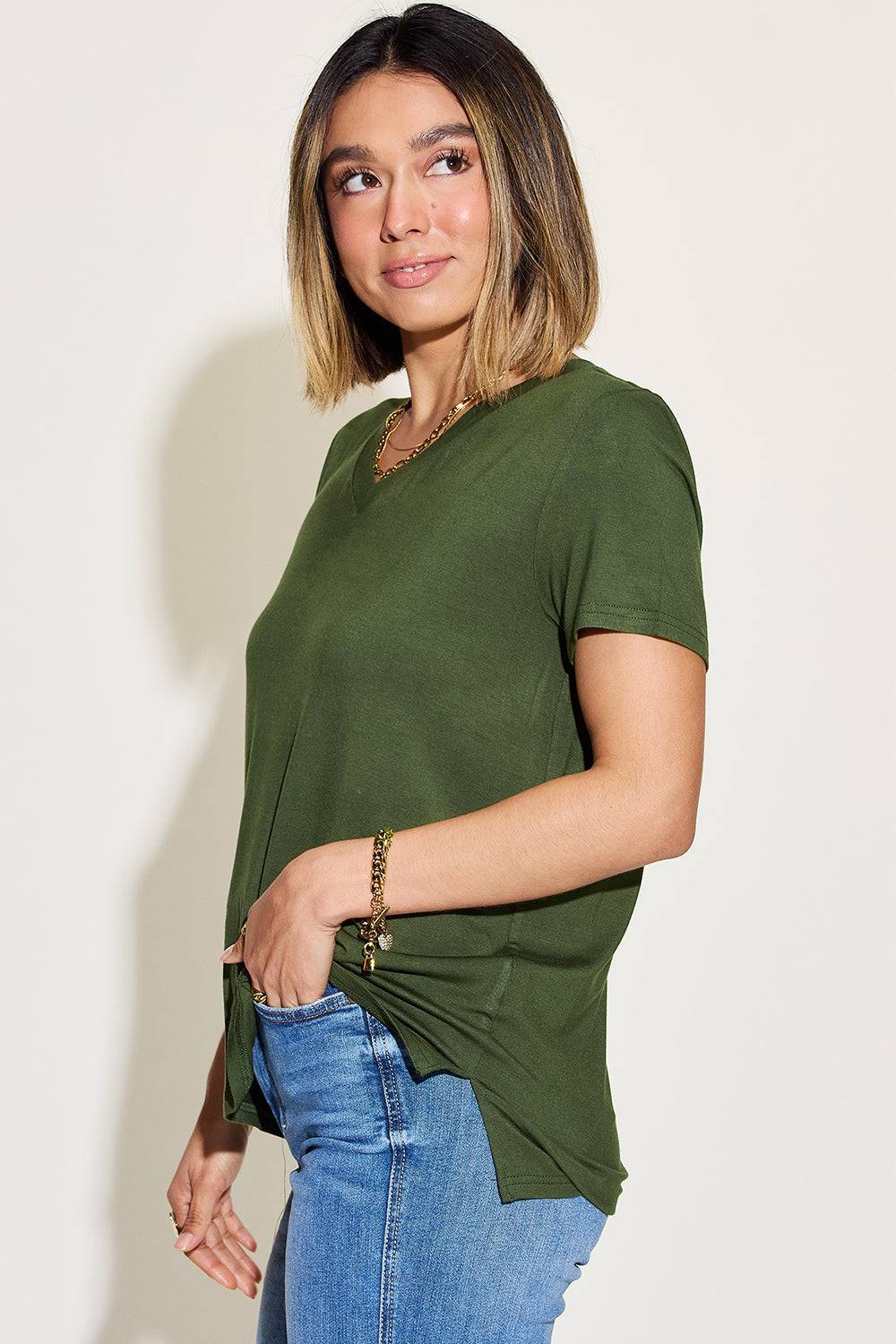 Basic Bae Full Size V-Neck High-Low T-Shirt - Clothes For Her Online Store