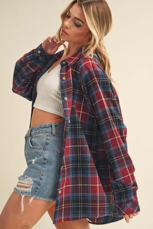 Aemi + Co Flannel Plaid Button Up Raglan Sleeve Shirt