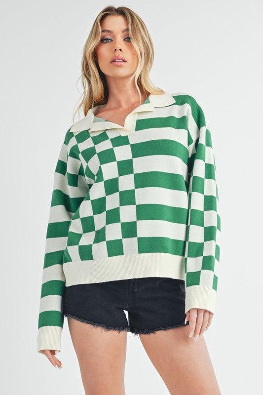 Aemi + Co Striped & Checkered Drop Shoulder Sweater