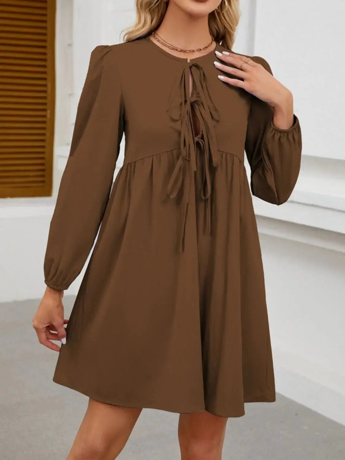 Tie Front Long Sleeve Mini Dress - Clothes For Her Online Store