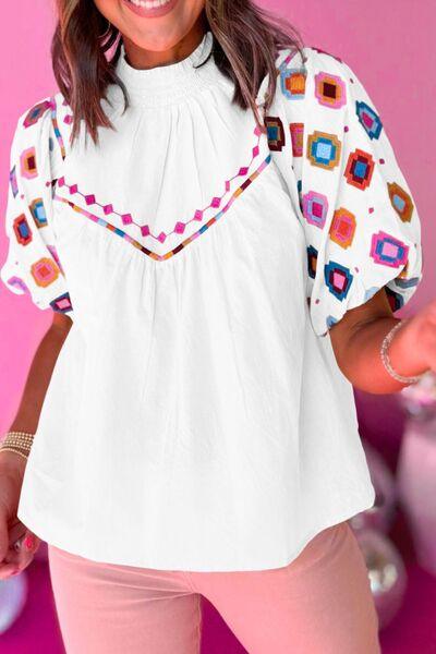 Smocked Neck Embroidered Puff Sleeve Top