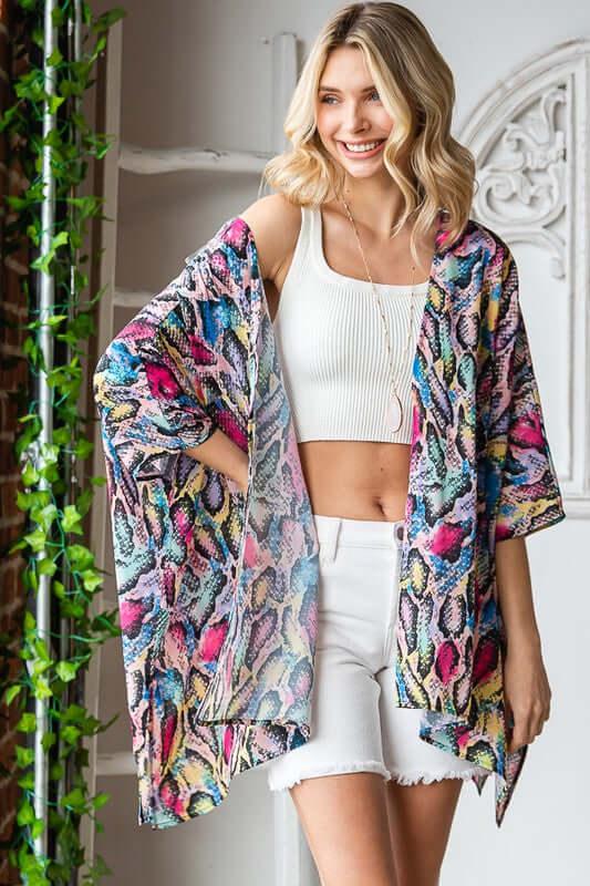 Heimish Full Size Multi Color Snake Open Cardigan Plus Size