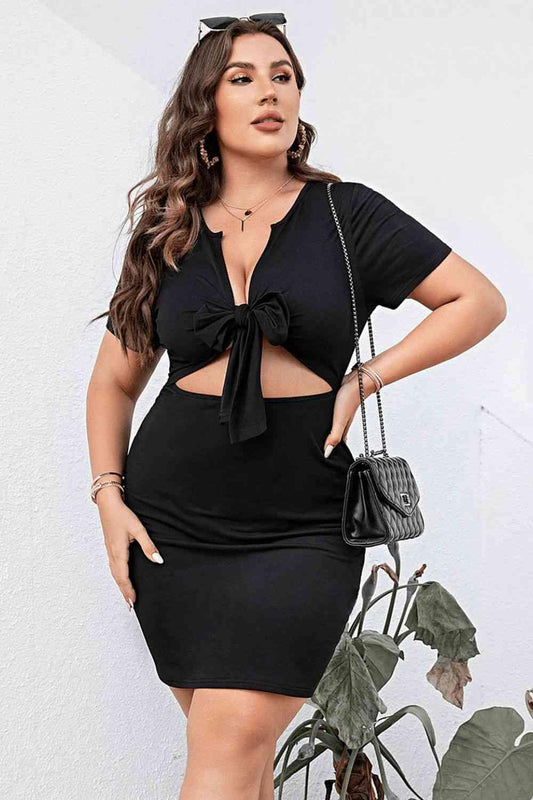 Plus Size Cutout Tie Front Short Sleeve Dress - Clothes For Her Online Store