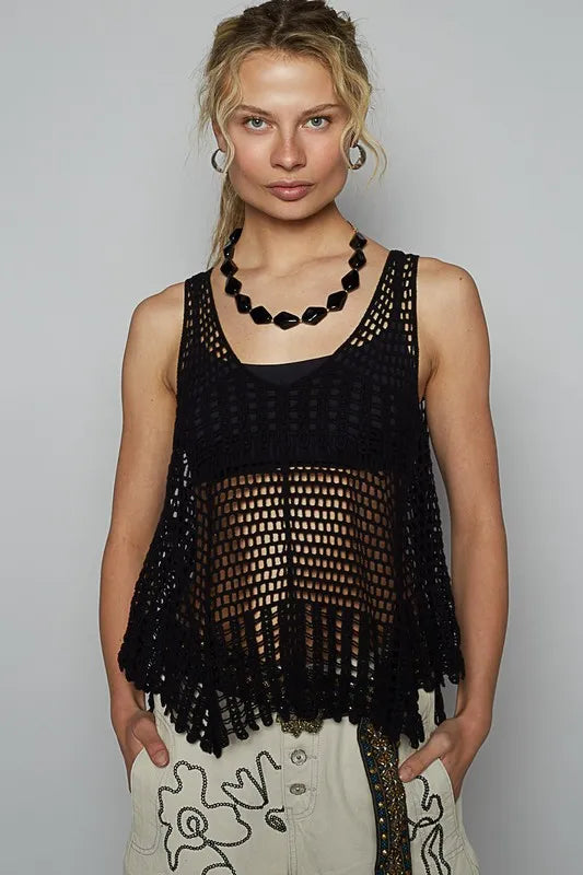 POL V-Neck Sleeveless Woven Crochet Knit Cover Up