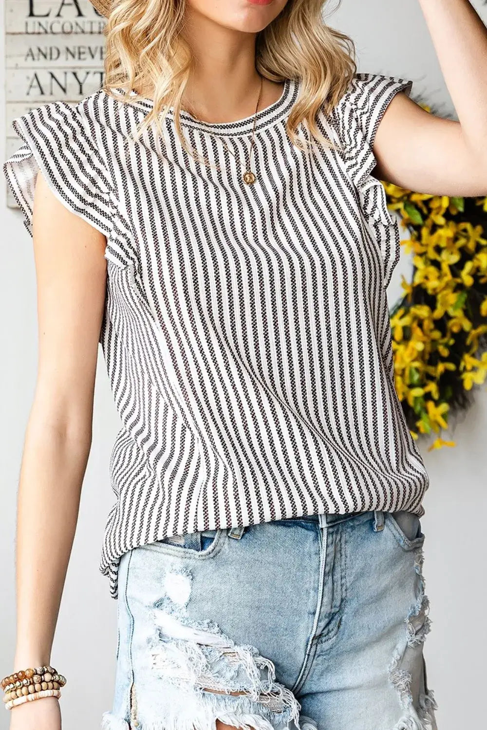 Ruffled Striped Round Neck Blouse