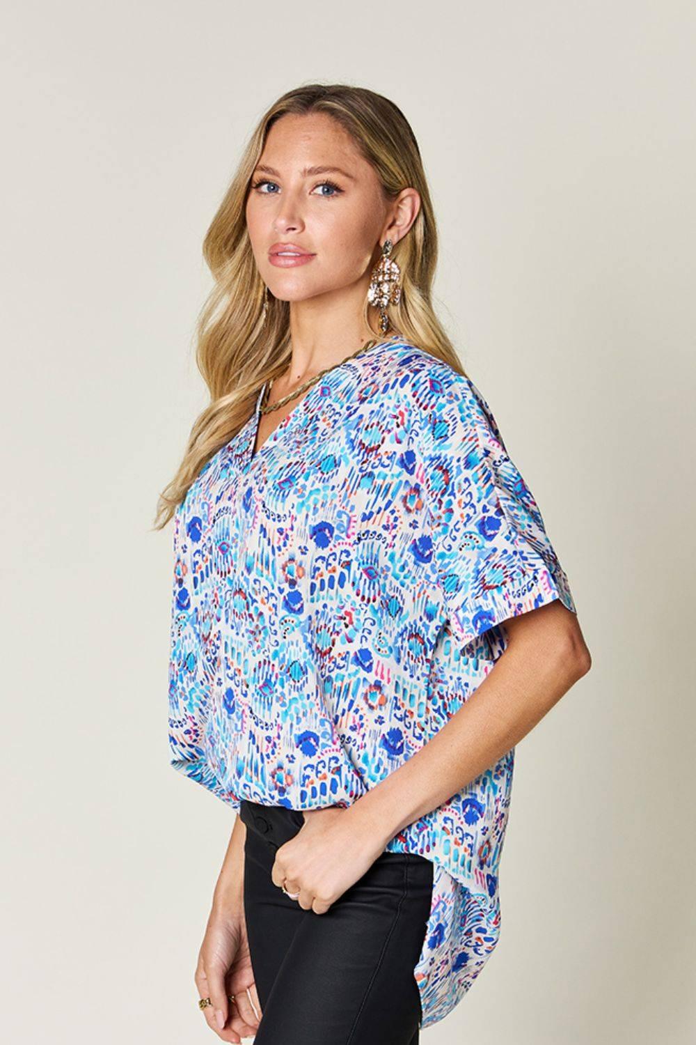 Double Take Full Size Printed V-Neck Short Sleeve Blouse - Clothes For Her Online Store