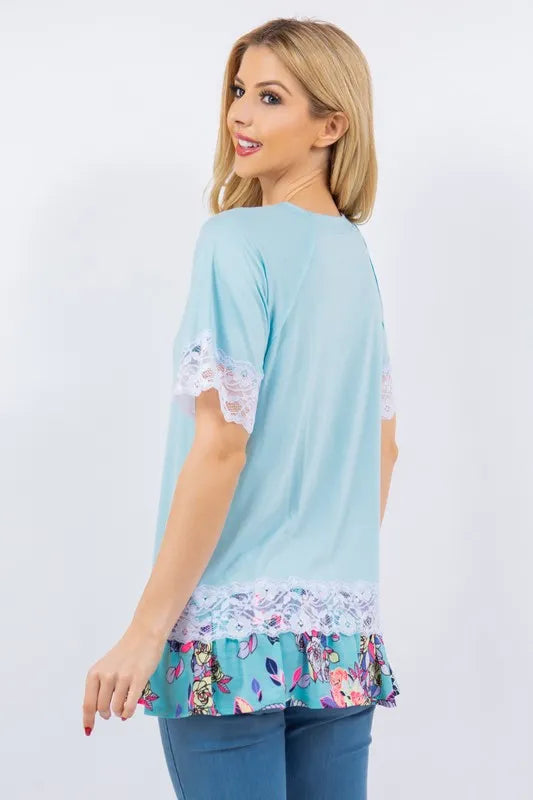 Celeste Full Size Lace Trim Short Sleeve Top Plus Size
