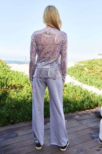 Davi & Dani Sequin Mock Neck Long Sleeve Mesh Top - Clothes For Her Online Store