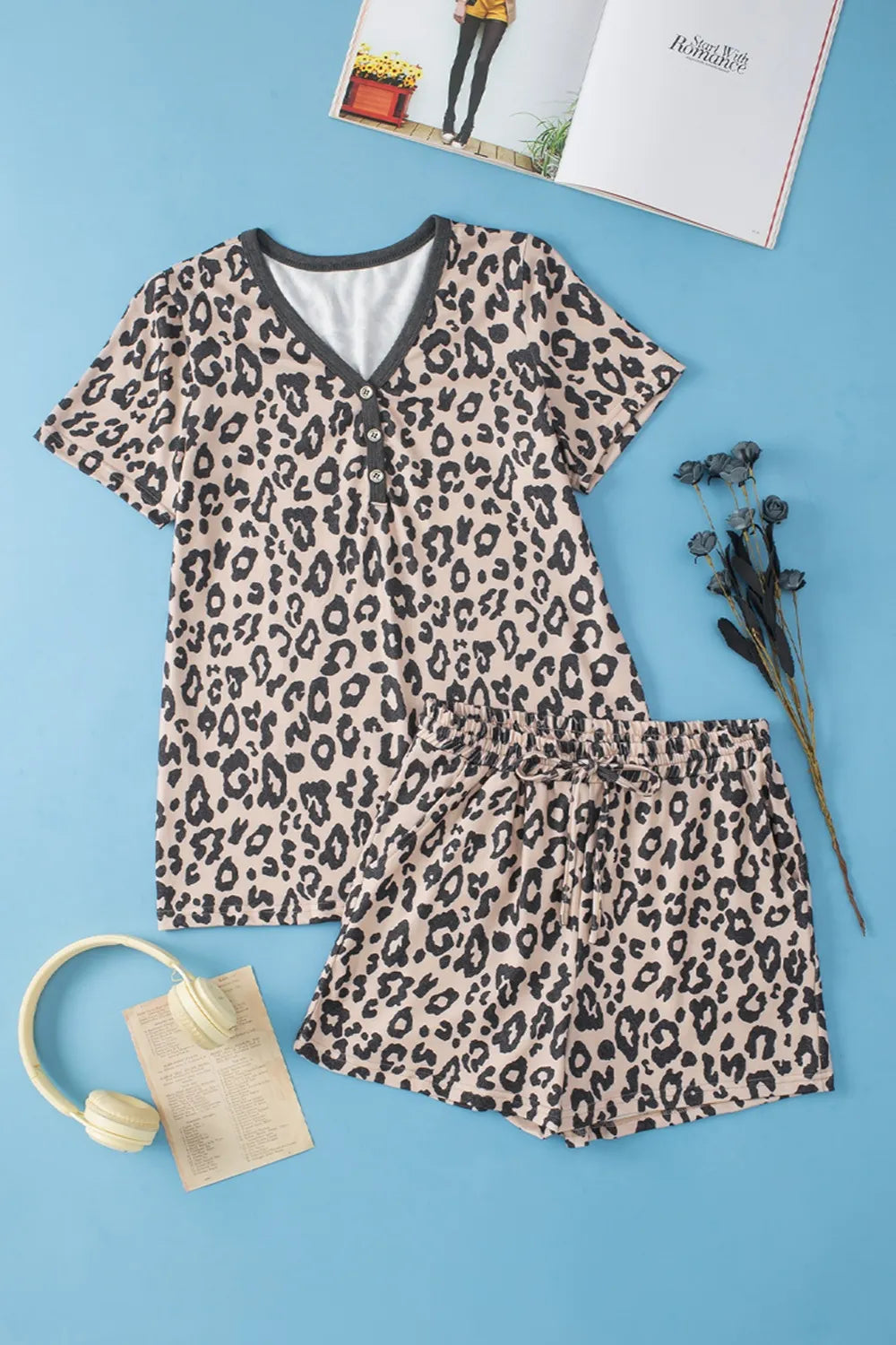 Leopard V-Neck Top and Shorts Set - Clothes For Her Online Store