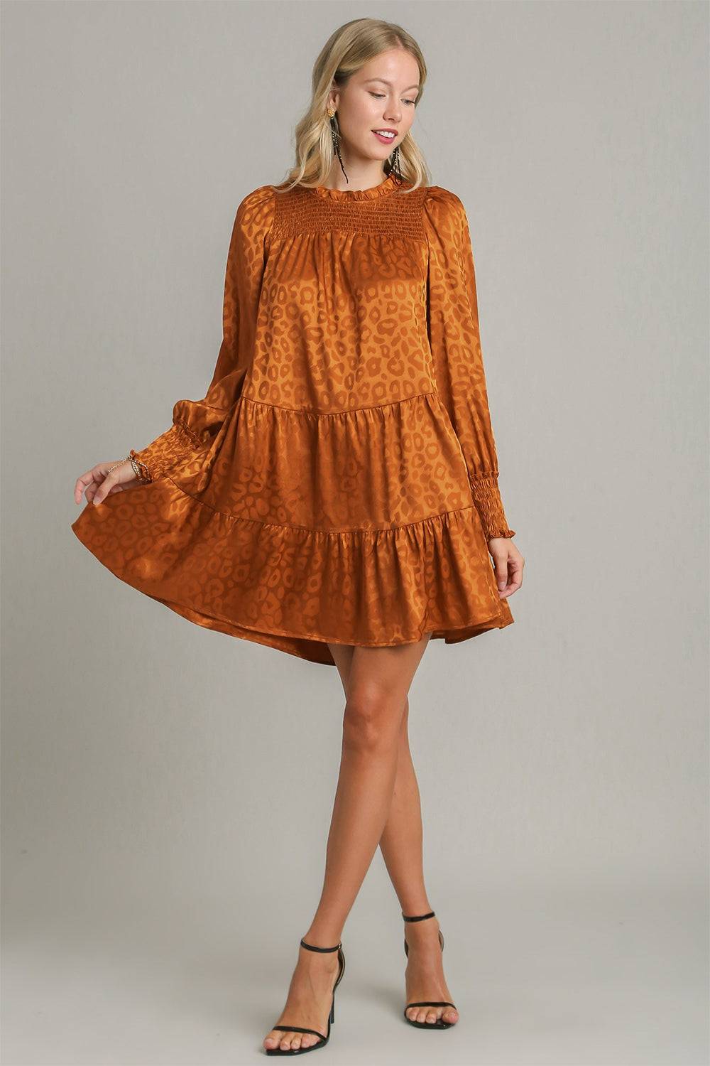 Umgee Smocked Leopard Long Sleeve Tiered Dress - Clothes For Her Online Store