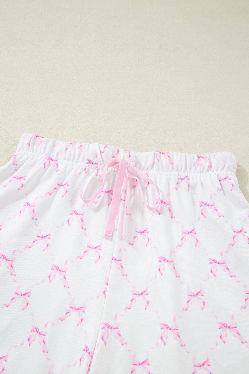 Bow Print Lettuce Trim Round Neck Top and Shorts Lounge Set - Clothes For Her Online Store